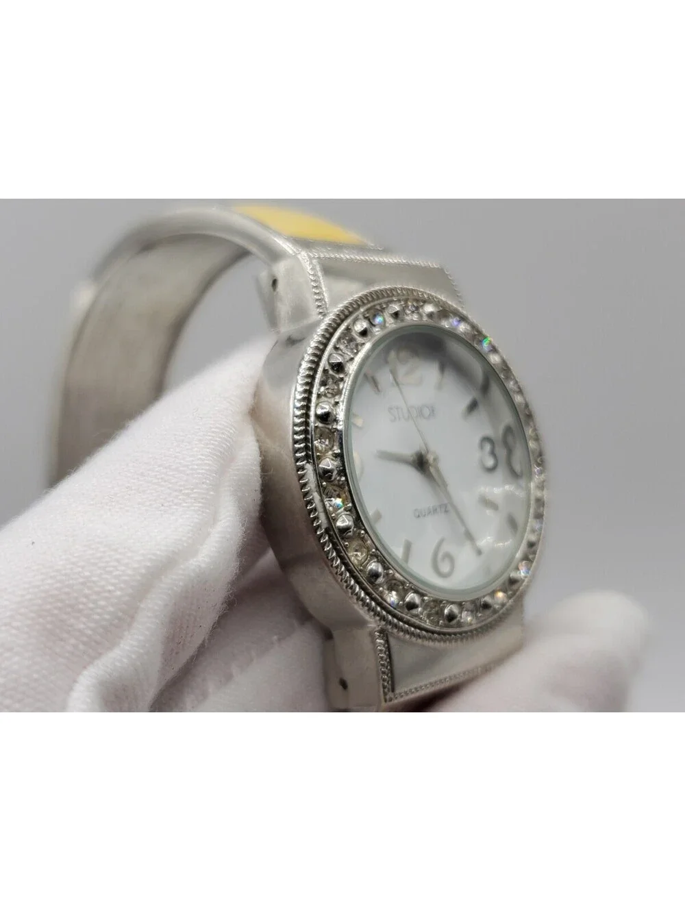 Studio Cuff Band Watch Women White Dial Yellow Stone New Battery